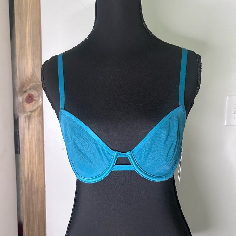 NWT Teal Underwire Mesh Satin Trim Demi Bra 32B
